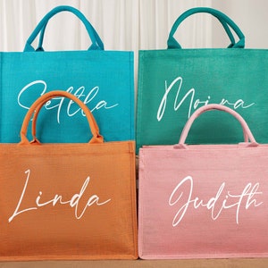 Bolsas de yute para dama de honor personalizadas, bolsa de arpillera para dama de honor, bolsa de regalo de arpillera rosa con nombre, bolsa de playa grande, despedida de soltera, regalos para dama de honor