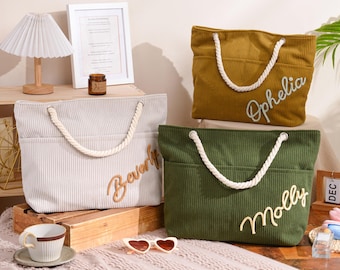 Custom Corduroy Tote, Bridesmaid Gift bag, Custom Name Tote Bag, Everyday Essential & Weekender, Christmas Gift for Her, Monogram Gift Bag