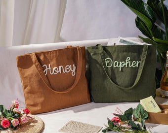 Personalized Corduroy Tote bag,Bridesmaid Gift bag,Custom Name Tote Bag, Everyday Essential & Weekender, Christmas Gift for Her,Monogram Bag