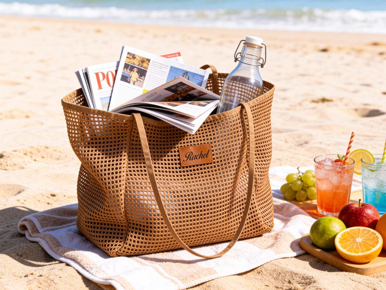 May include: A brown mesh tote bag filled with magazines and a glass water bottle, sitting on a beach towel. The bag has long handles and a leather tag that says "Rachel". Refreshments and fruit are nearby.