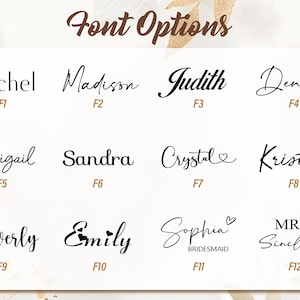 May include: A display of various font options for personalized text. The image showcases twelve different font styles, each with a unique design, ranging from classic to modern calligraphy. The fonts are labeled with names like Rachel, Madison, and Sophia, with corresponding identifiers.