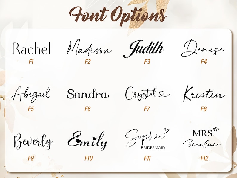 May include: A display of various font options for personalized text. The image showcases twelve different font styles, each with a unique design, ranging from classic to modern calligraphy. The fonts are labeled with names like Rachel, Madison, and Sophia, with corresponding identifiers.