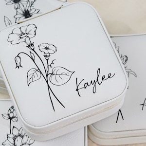 Portagioie con fiori di nascita incisi, portagioie da damigella d'onore, portagioie da viaggio con fiori di nascita, scatola regalo per damigelle d'onore, organizer per gioielli