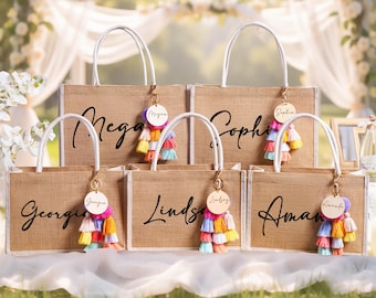 Personalized Bridesmaid Beach Gift Bag with Charm, Custom Burlap Beach Tote Bag, Bachelorette Party Bag, Bridesmaid Proposal Gift, Beach Bag