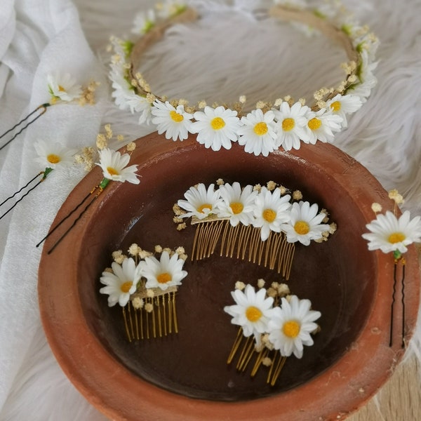 Best Seller, Corona de pelo nupcial Daisy, Flor de boda, Diadema de flores Daisy, Peine de pelo y alfileres de flores Daisy, Accesorios nupciales, Regalo