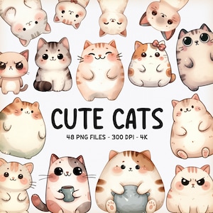 Imágenes prediseñadas de gatos en acuarela, gatos lindos, imágenes prediseñadas de gatitos, imágenes PNG de gatos, gatos divertidos y lindos, animales lindos, garabatos de gatos, gatos en acuarela, paquete de imágenes prediseñadas