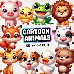 Cute Animals Clipart, Cute Animal PNG, Cartoon Animal Clip art, Watercolor Animals Clipart, Baby Animals PNG, Clipart bundle, Animal Sticker