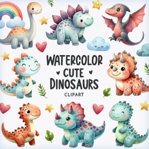 Imágenes prediseñadas de dinosaurios lindos, dinosaurio de acuarela PNG, imágenes prediseñadas de dinosaurio lindo, imágenes prediseñadas de cumpleaños de dinosaurio bebé, paquete de imágenes prediseñadas, dinosaurios de dibujos animados