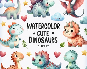 Cute Dinosaurs Clipart, Watercolor Dinosaur Png, Cute Dino Clipart, Baby Dinosaur Birthday Clip art, Clipart Bundle, Cartoon Dinosaurs