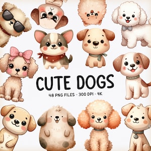 Aquarell Hunde Clipart, 48 Niedliche Hunde PNG, Welpen Clipart, Hund PNG, lustige und süße Hunde, süße Tiere, Clipart Bundle, süße Welpen, Hund Png