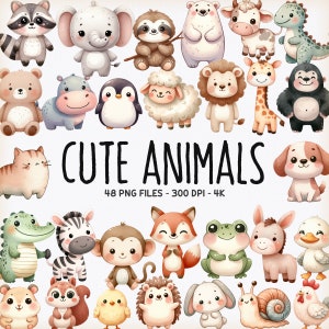 Aquarell süße Tiere Clipart, 48 süsse Tiere PNG, Aquarell Tiere, Süße Tier Bundle, Baby-Tiere, Clipart Bundle, druckbare Tiere