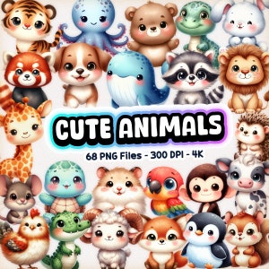Schattige dieren clipart, aquarel dieren clipart, schattige dieren png, babydieren png, afdrukbare dieren, dierenbundel, clipartbundel