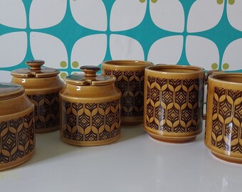 Vintage Hornsea Heirloom Pottery Set Of 3 mugs, 1 Jam Pot, 1 Sugar Bowl And One Canister