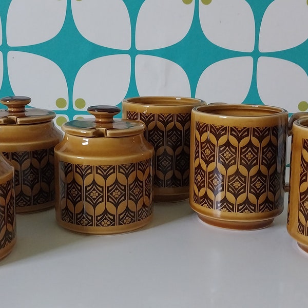 Vintage Hornsea Heirloom Pottery Set Of 3 mugs, 1 Jam Pot, 1 Sugar Bowl And One Canister