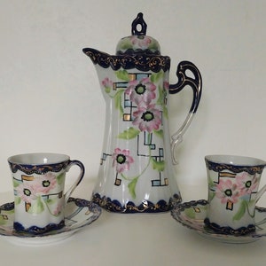 Five Piece Vintage Nippon Floral Coffee Or Tea Pot With Demitasse Cups And Saucers