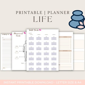 May include: Printable planner pages with a water tracker, measurement tracker, and a blank page for notes. The pages are white with black text and lines. The title of the planner is "Life" and the text "Instant Printable Download - Letter Size & A4" is at the bottom of the image.