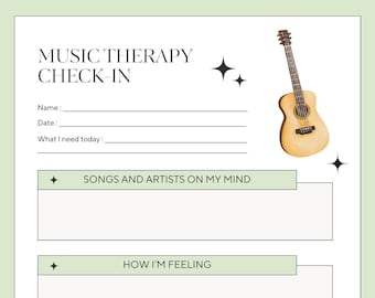 Music Therapy Check-In Worksheet, Contemporary style, light green/tan, Introduction Intervention, Worksheet, Printable, Music Check-in