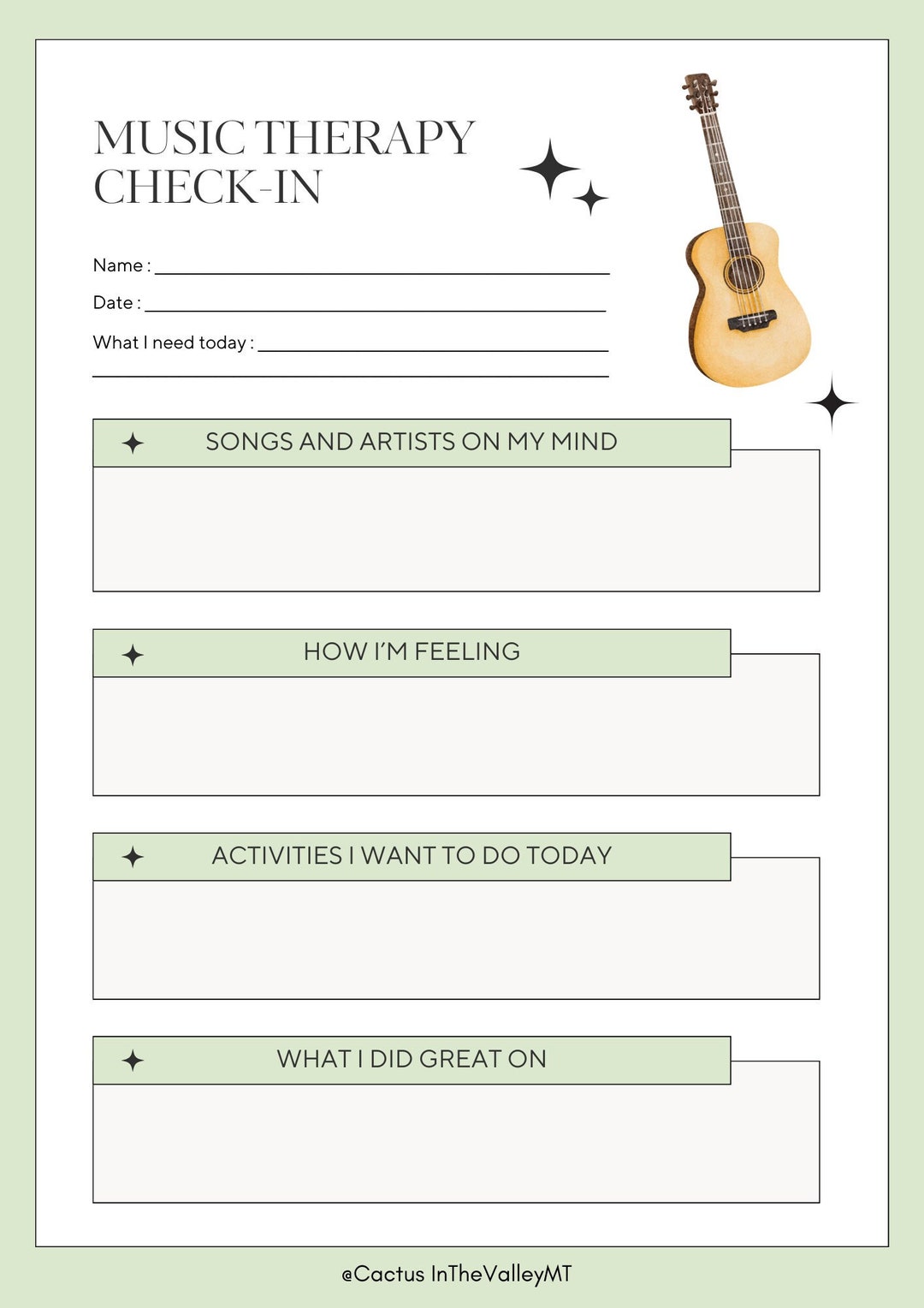 Music Therapy Check in Worksheet Contemporary Style Light Green/tan