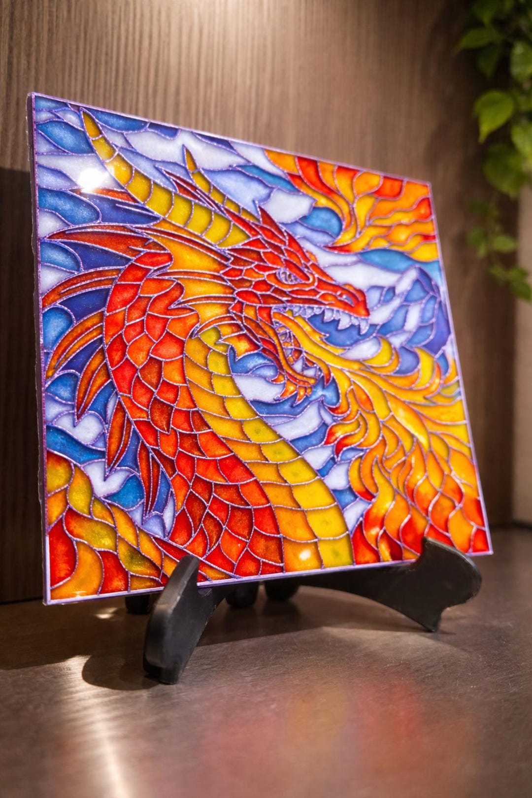 Handmade Dragon Stained Glass Style Decor, Fantasy Art With Stand - Etsy