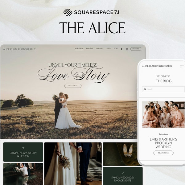 Squarespace 7.1 Wedding Photographer Website Template | Photography Portfolio and Gallery | Elegant, Modern, Luxury | The Alice