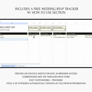 May include: A spreadsheet template for a wedding guest list, with columns for guest name, contact information, dietary restrictions, and song requests. The template is created on Google Sheets and includes a "How to Use" section.
