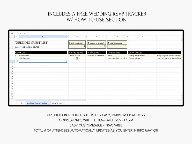 May include: A spreadsheet template for a wedding guest list, with columns for guest name, contact information, dietary restrictions, and song requests. The template is created on Google Sheets and includes a "How to Use" section.