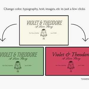 Puede incluir: Una plantilla de dise&ntilde;o gr&aacute;fico para un anuncio de boda. La plantilla presenta un fondo blanco con texto negro que dice "Violet & Theodore A Love Story". El texto est&aacute; en una fuente estilizada. La plantilla tambi&eacute;n presenta una ilustraci&oacute;n en blanco y negro de un pastel de bodas con flores en la parte superior. El texto "The Club at Oak Park" y "June 17, 2024" tambi&eacute;n est&aacute;n incluidos en la plantilla.