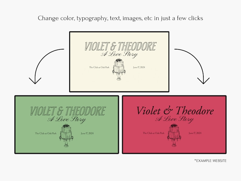 Puede incluir: Una plantilla de dise&ntilde;o gr&aacute;fico para un anuncio de boda. La plantilla presenta un fondo blanco con texto negro que dice "Violet & Theodore A Love Story". El texto est&aacute; en una fuente estilizada. La plantilla tambi&eacute;n presenta una ilustraci&oacute;n en blanco y negro de un pastel de bodas con flores en la parte superior. El texto "The Club at Oak Park" y "June 17, 2024" tambi&eacute;n est&aacute;n incluidos en la plantilla.