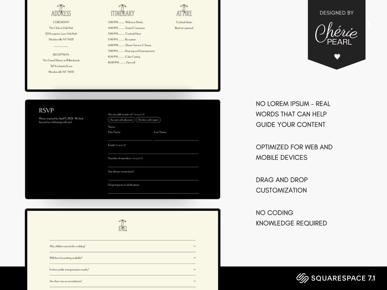 May include: A black and white wedding invitation with a simple design. The invitation includes the address, ceremony, reception, itinerary, and RSVP information. The invitation also includes a logo with the text "At The Park".