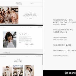 Puede incluir: Una captura de pantalla de un sitio web que muestra una publicaci&oacute;n de blog titulada "Emily & Arthur's Brooklyn Wedding" con una foto de un grupo de personas con vestidos rosas. El sitio web tambi&eacute;n presenta una secci&oacute;n titulada "I'm Alice" con una foto de una mujer y texto sobre su fotograf&iacute;a. El sitio web est&aacute; impulsado por Squarespace.