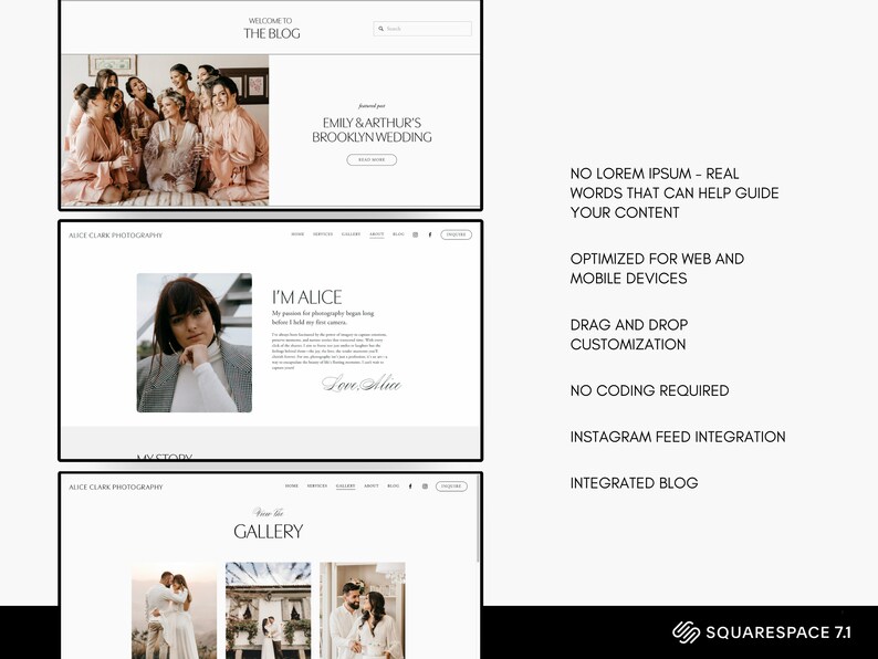 Puede incluir: Una captura de pantalla de un sitio web que muestra una publicaci&oacute;n de blog titulada "Emily & Arthur's Brooklyn Wedding" con una foto de un grupo de personas con vestidos rosas. El sitio web tambi&eacute;n presenta una secci&oacute;n titulada "I'm Alice" con una foto de una mujer y texto sobre su fotograf&iacute;a. El sitio web est&aacute; impulsado por Squarespace.
