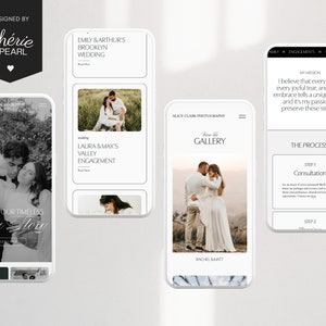 Puede incluir: Cuatro pantallas de tel&eacute;fono m&oacute;vil que muestran un sitio web de fotograf&iacute;a. El sitio web presenta una foto en blanco y negro de una pareja, una foto de una pareja en un campo, una foto de una pareja en un bosque y una p&aacute;gina con la misi&oacute;n del fot&oacute;grafo y el proceso para reservar una sesi&oacute;n.