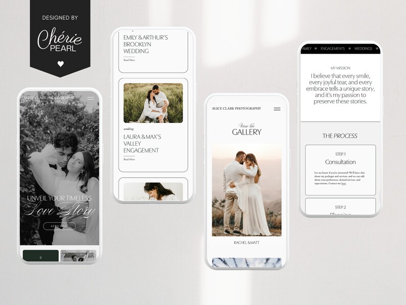 Puede incluir: Cuatro pantallas de tel&eacute;fono m&oacute;vil que muestran un sitio web de fotograf&iacute;a. El sitio web presenta una foto en blanco y negro de una pareja, una foto de una pareja en un campo, una foto de una pareja en un bosque y una p&aacute;gina con la misi&oacute;n del fot&oacute;grafo y el proceso para reservar una sesi&oacute;n.