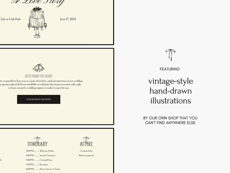 May include: A wedding invitation with a vintage-style illustration of a wedding cake. The invitation includes the date, location, and the text "A Love Story".