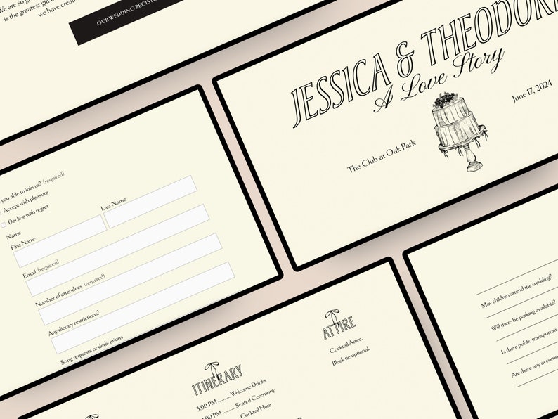 Five screenshots of the wedding RSVP website in a horizontal and angled shot