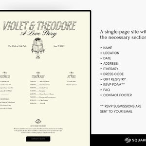 May include: A wedding website announcement for Violet & Theodore. The website includes the ceremony and reception details, a wedding itinerary, and a dress code. The website also includes a link to the couple's wedding registry.