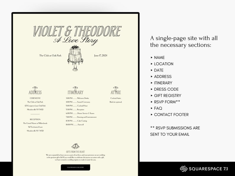 May include: A wedding website announcement for Violet & Theodore. The website includes the ceremony and reception details, a wedding itinerary, and a dress code. The website also includes a link to the couple's wedding registry.