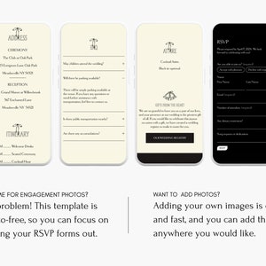 May include: A mobile phone screen displaying a wedding invitation with a white background and black text. The invitation includes the ceremony and reception address, the itinerary, and a section for guests to RSVP. The text includes the following: "ADDRESS", "CEREMONY", "The Club at Oak Park", "123 Evergreen Lane", "Meadowville, NY 54321", "RECEPTION", "The Grand Manor at Willowbrook", "567 Enchanted Lane", "Meadowville, NY 54323", "ITINERARY", "1:00 PM - Welcome Drinks", "4:00 PM - Sacred Ceremony", "5:00 PM - Cocktail Hour", "RSVP", "Please respond by April 2023. We look forward to celebrating with you!"
