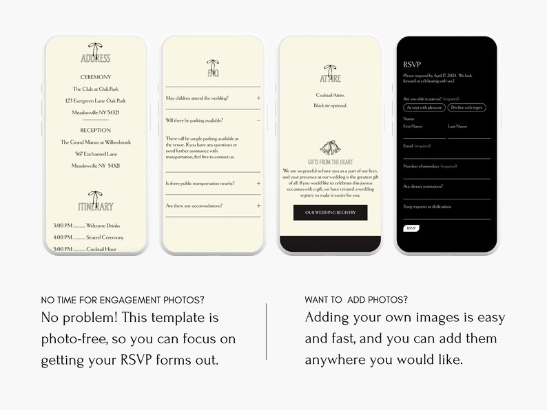 May include: A mobile phone screen displaying a wedding invitation with a white background and black text. The invitation includes the ceremony and reception address, the itinerary, and a section for guests to RSVP. The text includes the following: "ADDRESS", "CEREMONY", "The Club at Oak Park", "123 Evergreen Lane", "Meadowville, NY 54321", "RECEPTION", "The Grand Manor at Willowbrook", "567 Enchanted Lane", "Meadowville, NY 54323", "ITINERARY", "1:00 PM - Welcome Drinks", "4:00 PM - Sacred Ceremony", "5:00 PM - Cocktail Hour", "RSVP", "Please respond by April 2023. We look forward to celebrating with you!"