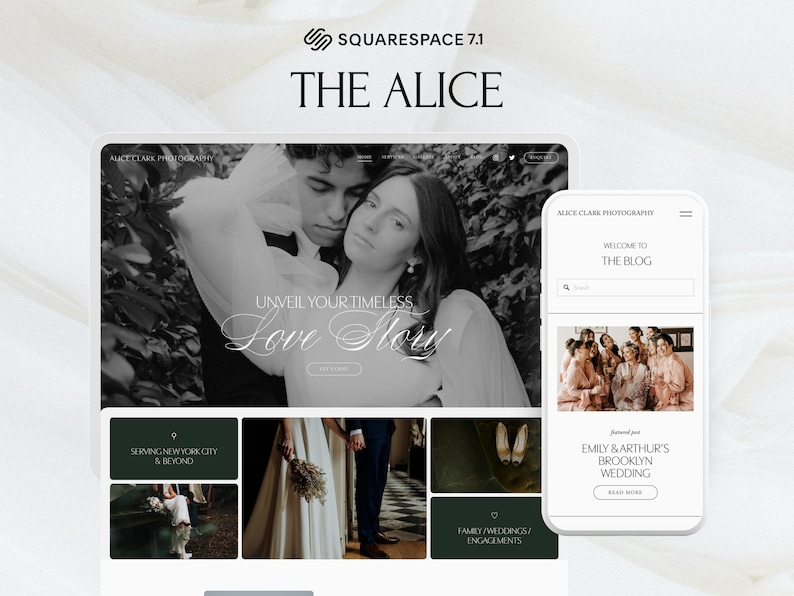 Plantilla web para fotógrafo de bodas en Squarespace 7.1 / Portafolio y galería de fotografía / Elegante, moderno, lujoso / The Alice imagen 1
