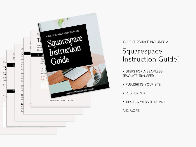 Puede incluir: Una gu&iacute;a en blanco y negro con el texto "Squarespace Instruction Guide" y un ordenador port&aacute;til en la portada. La gu&iacute;a incluye informaci&oacute;n sobre los pasos para una transferencia de plantilla sin problemas, la publicaci&oacute;n de su sitio, recursos, consejos para el lanzamiento de su sitio web y m&aacute;s.