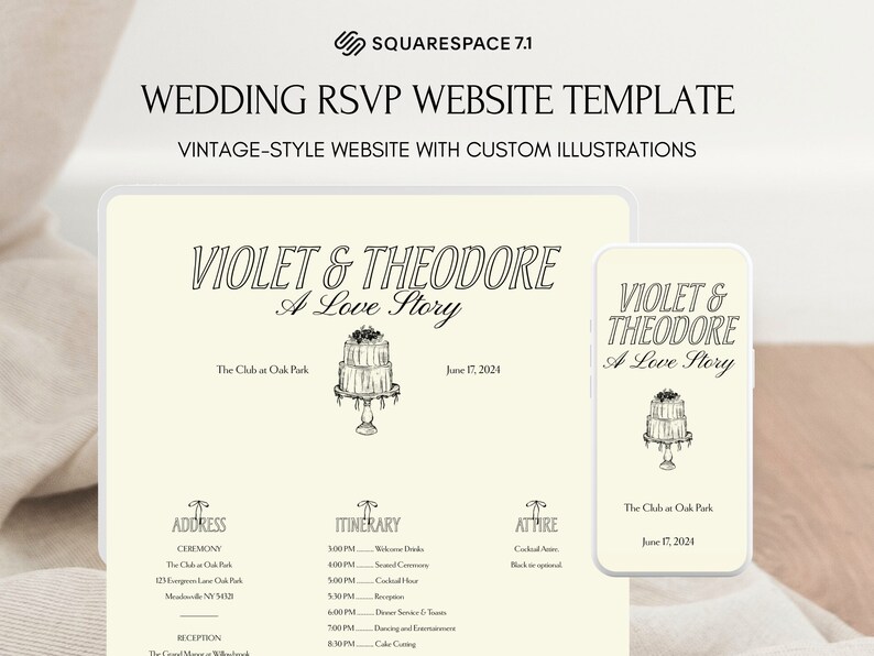 May include: A wedding RSVP website template with a vintage style. The website features a black and white illustration of a wedding cake and the text "Violet & Theodore, A Love Story". The website also includes information about the ceremony, reception, and attire.