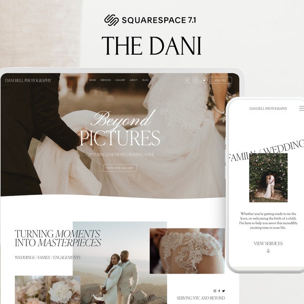 Squarespace 7.1 Wedding Photographer Website Template | Photography Portfolio and Gallery | Elegant, Warm, Luxury | The Dani