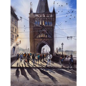 Wall art decor original watercolour painting Prague Cityscape Watercolor Print – Charles Bridge Tower Wall Art – European Street Scene Decor