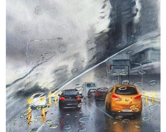 Rainy City Lights — Original Watercolor Painting | Urban Landscape with Cars and Skyscrapers | Modern Wall Art