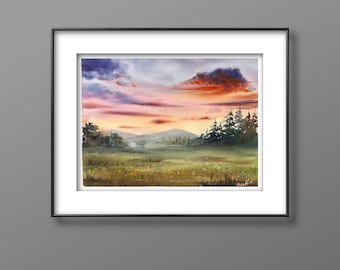 Original watercolour painting. Red sunset, landscape painting, home wall decor. Ukrainian painting, Ukrainian artist