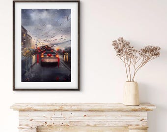 Original night vision watercolour painting with raindrops on car window. Urban night cityscape. Home decor, large painting