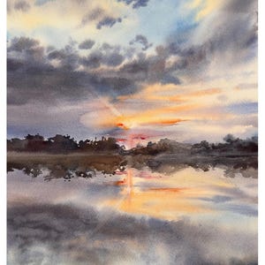 Grande dipinto di cielo nuvoloso, dipinto di acquerello di nuvole, dipinto di realismo, dipinto di parete arancione e viola, cielo, bellissimo dipinto di fiume, paesaggio, arte, regalo originale