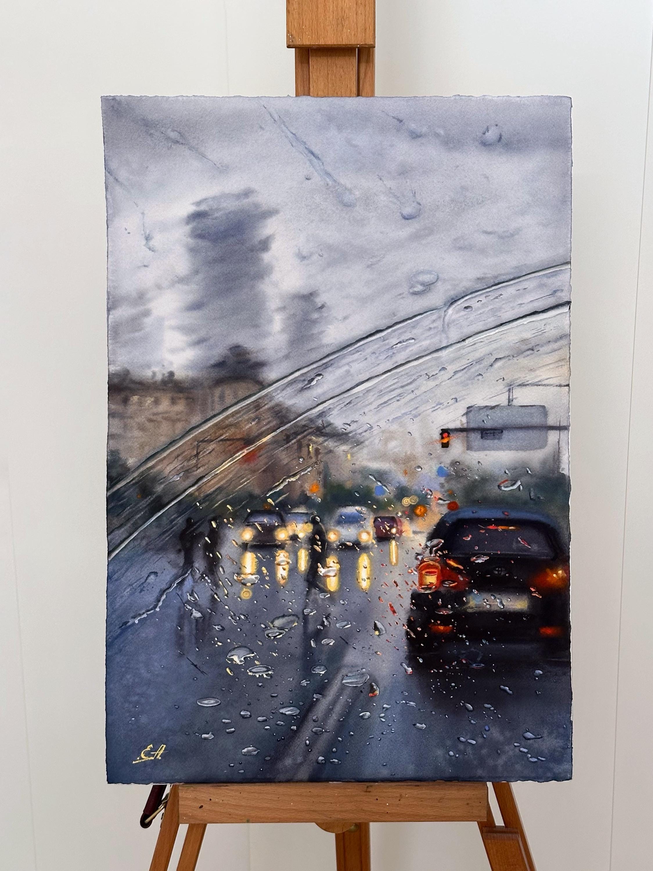 Original Watercolor of Rainy City View — Urban Night Scene With Car ...