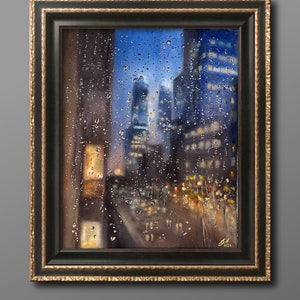 Raindrops on window,Rainy Day,Night city lights Painting,Night city lights,home decor, drop art, home wall decor, city view, nyc, cityscapes